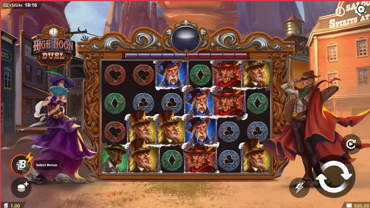 Interface do slot High Noon Duel em um dispositivo móvel mostrando o duelo entre os personagens