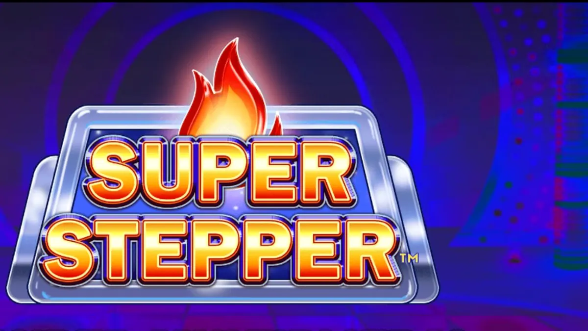 Interface de jogo do slot Super Stepper com estética neon roxa e elementos retro-futuristas