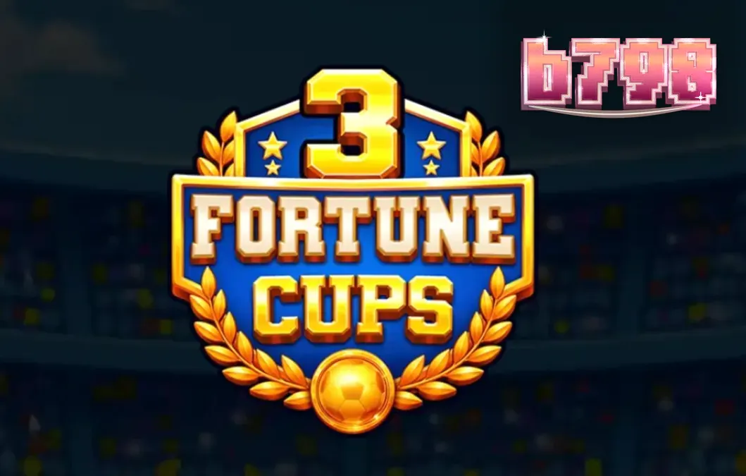 Visão geral do jogo de slot 3 Fortune Cups com tema de futebol e troféus dourados.